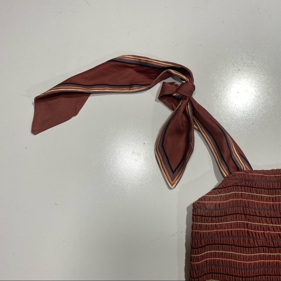 Storia Embroidered Striped Chai Smocked Ruffle Bottom Tie Sleeves Mini Dress S - Picture 9 of 16